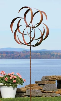 Ancient Graffiti Kinetic Dual Flower Copper Colored 87" Spinner Lawn & Garden