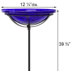 Achla Standing Bird Baths Crackle Glass Bird Bath Bowl With Cradle And Stake, Cobalt
