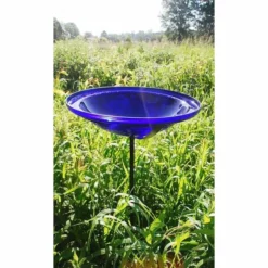 Achla Standing Bird Baths Crackle Glass Bird Bath Bowl With Cradle And Stake, Cobalt