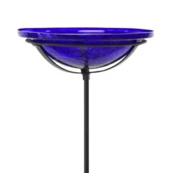 Achla Standing Bird Baths Crackle Glass Bird Bath Bowl With Cradle And Stake, Cobalt