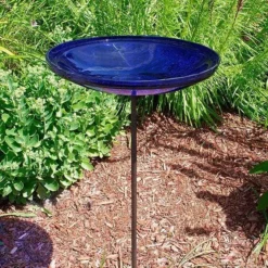 Achla Standing Bird Baths Crackle Glass Bird Bath Bowl With Cradle And Stake, Cobalt