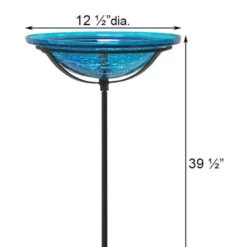 Achla Crackle Glass Bird Bath Bowl With Cradle And Stake, Teal Standing Bird Baths